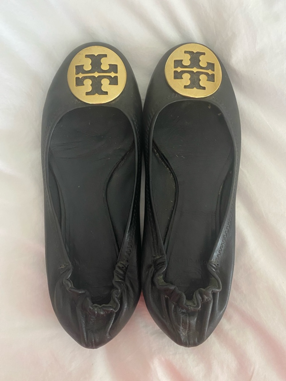 Tory Burch Black Leather Logo Round-Toe Ballet Flats